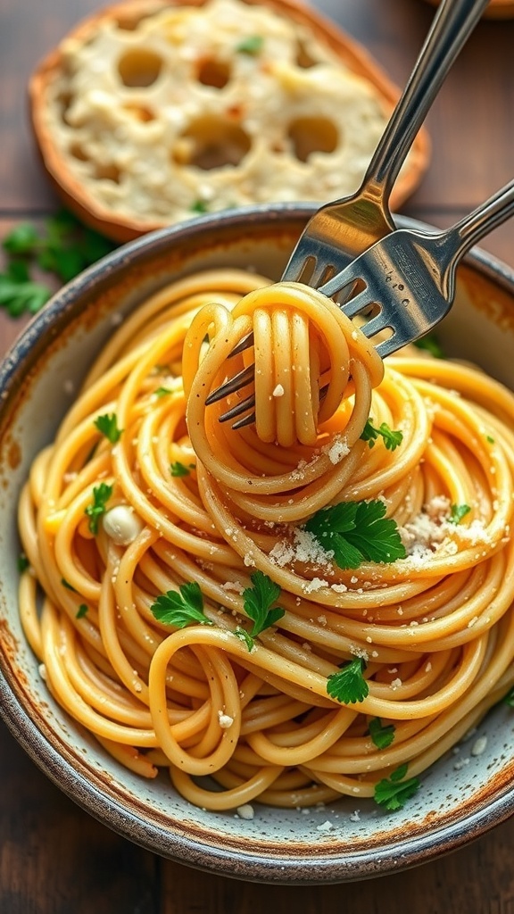 A plate of spaghetti in garlic butter sauce, garnished with parsley and Parmesan, with garlic bread on the side.